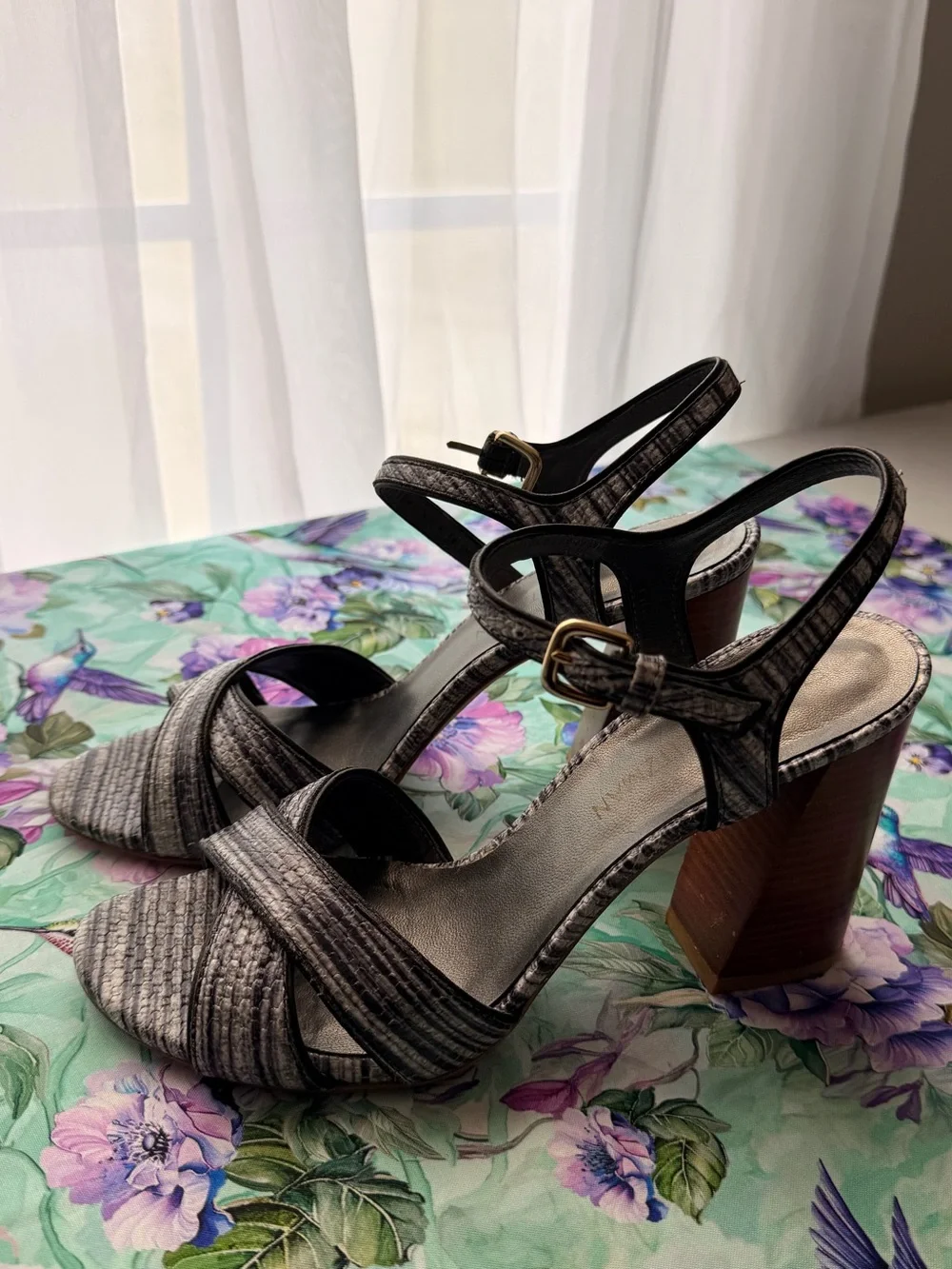 Stuart Weitzman Gray Textured Strappy Block Heel Sandals